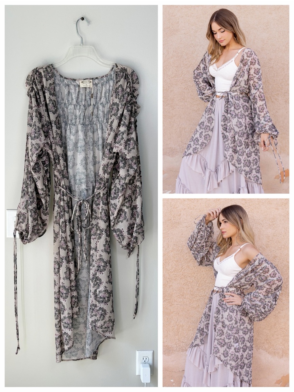 Joyfolie Taupe Floral Bohemian Brandy Duster Oversized Flowy Layering Piece
